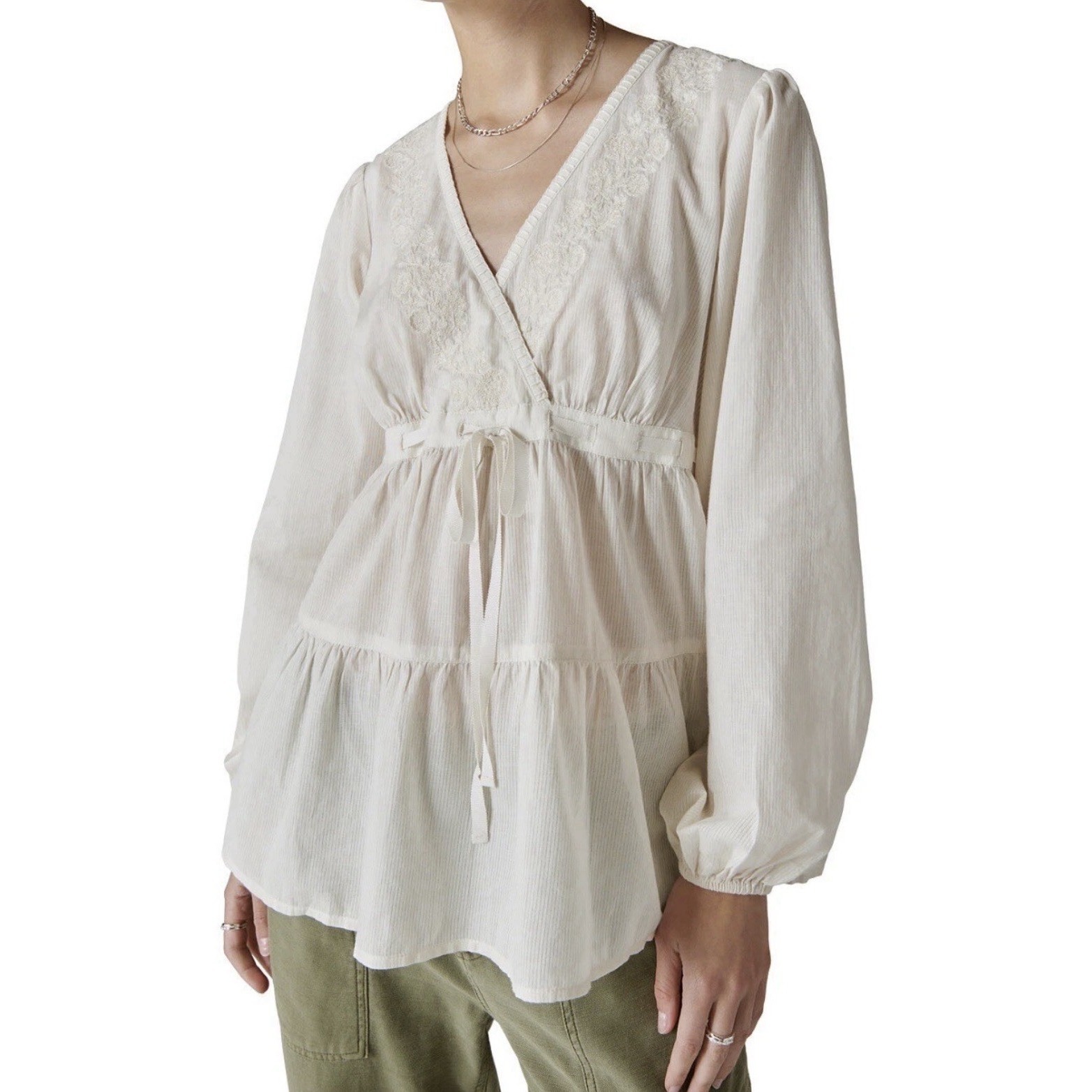 Nwt Lucky Brand Sz Medium Cotton Embroidered Babydoll Blouse Top $99